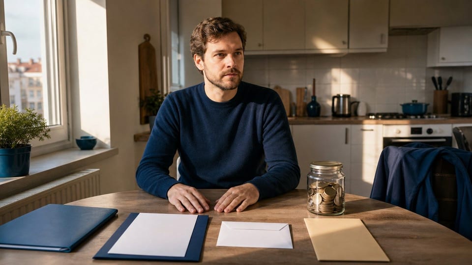 Egy munkaváltásra készülő felnőtt konyhaasztalnál ül üres iratokkal, fizetési borítékkal és megtakarítási üveggel.