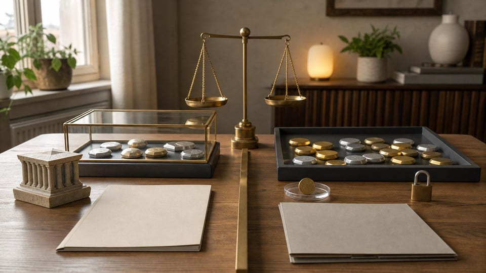 Deux plateformes d’échange de crypto-actifs sans marque sont comparées sur un bureau, avec des jetons métalliques, une balance et un cadenas.