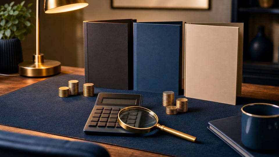 Un bureau de comparaison de prêts avec une calculatrice vierge, des dossiers de crédit et des piles de pièces.