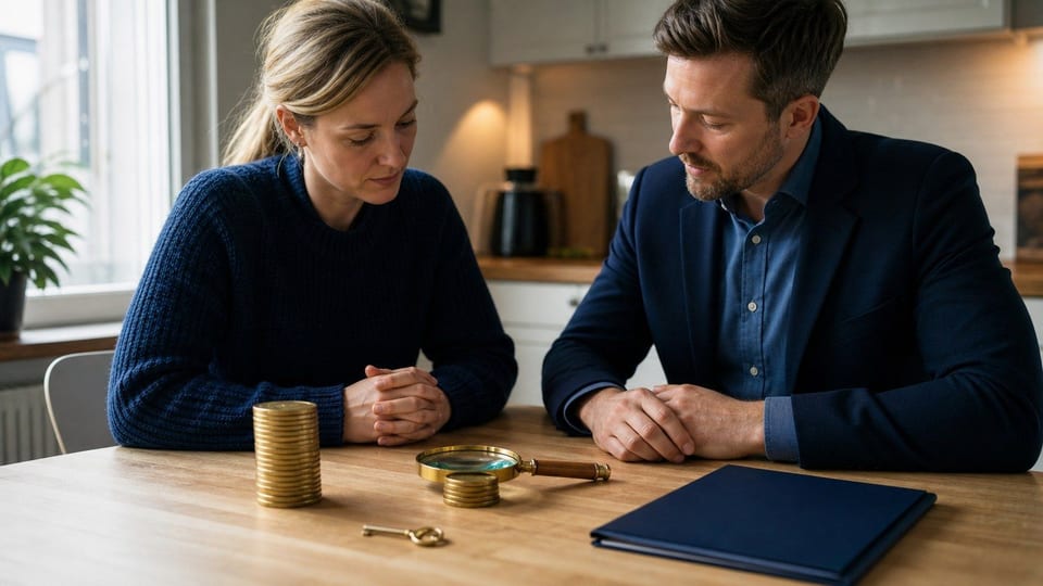 En boliglånsforhandling ved et kjøkkenbord med husnøkkel, lånemappe og myntstabler.