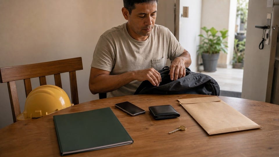 Trabalhador brasileiro em mesa de entrada com pasta do FGTS, carteira, envelope, chave e celular desligado antes de solicitar o saque.
