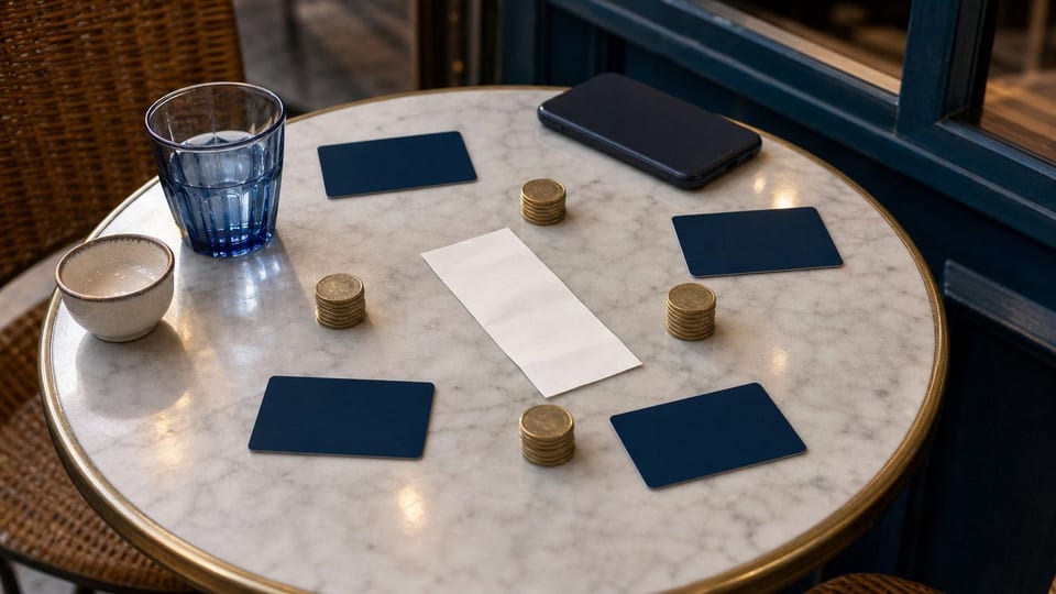 Een cafetafel met vier gelijke muntstapels, blanco betaalkaarten, een blanco bon en een telefoon met het scherm naar beneden.