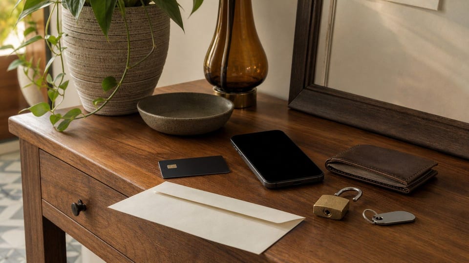 Carte de paiement premium non marquée, portefeuille, cadenas et relevé vierge pour illustrer la gestion sécurisée d'un compte American Express.