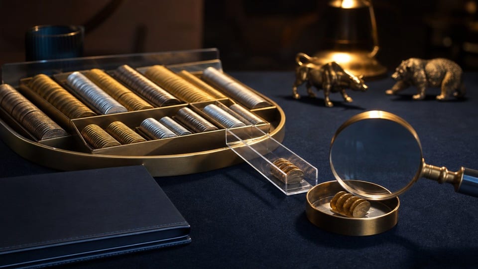An ETF fund tray shows a few brass investment discs separated into a small fee dish under a magnifying glass.