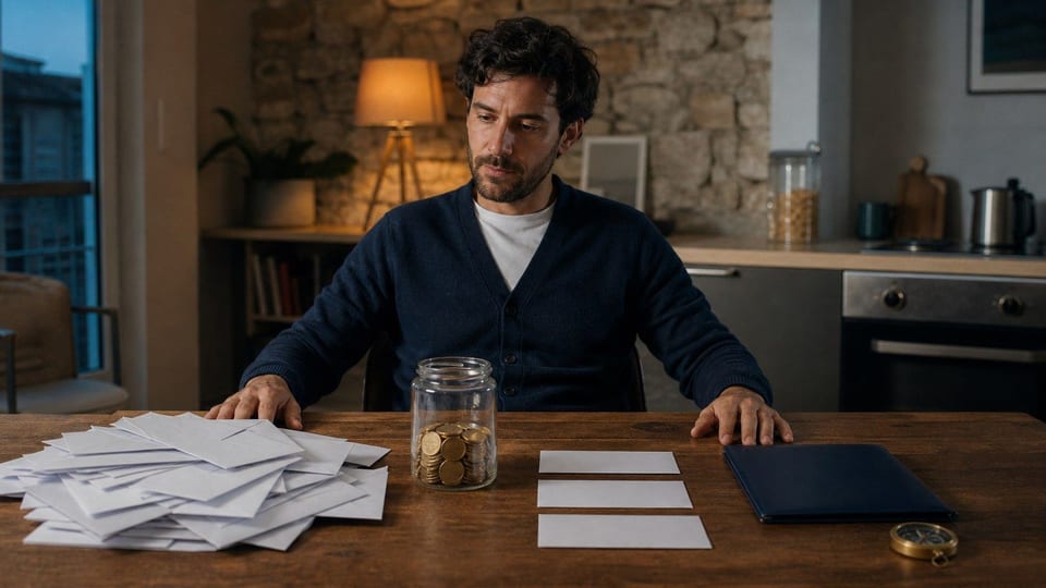 Adulte à une table de cuisine organisant des enveloppes de budget, un bocal d'épargne et un dossier de planification.