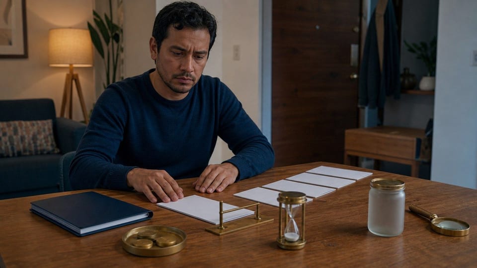 Persona organizando sobres de pago, un reloj de arena y una carpeta de préstamo para solicitar una prórroga.