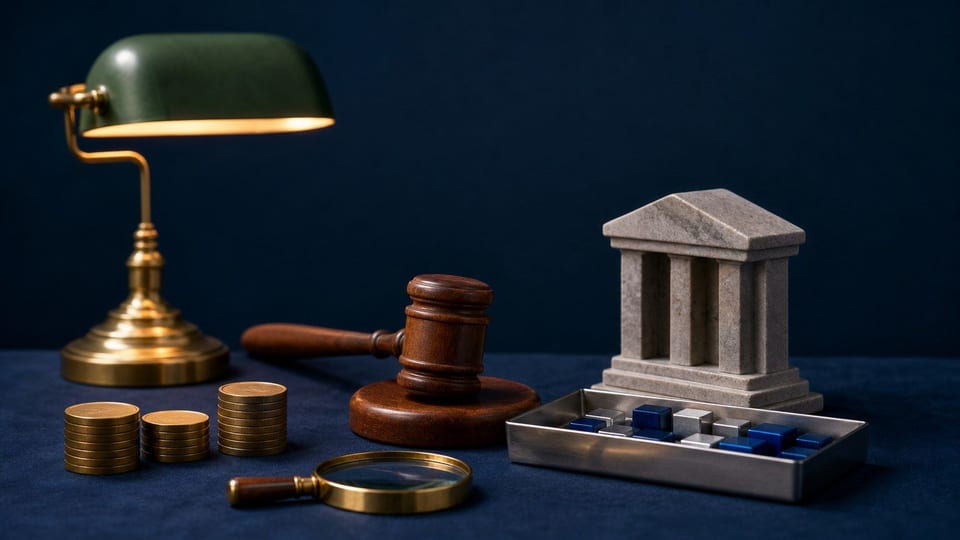 Mesa de cumplimiento cripto con mazo, tokens digitales y monedas sin marcas.