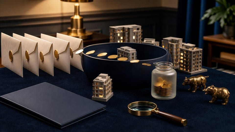 Mesa de fundo imobiliário com modelos de prédios, envelopes de investidores e discos metálicos em um fundo comum.