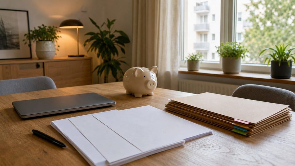 Mesa organizada com formulários em branco, pastas simples, notebook fechado e cofrinho para a declaração anual do MEI.