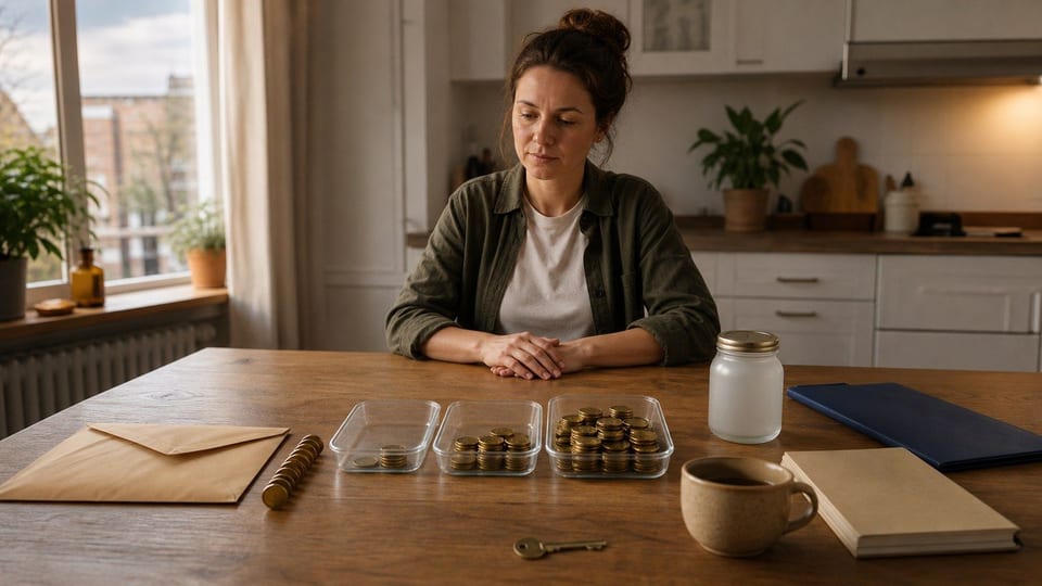 Een persoon verdeelt maandelijks spaargeld over huishoudpotjes aan een Nederlandse keukentafel.