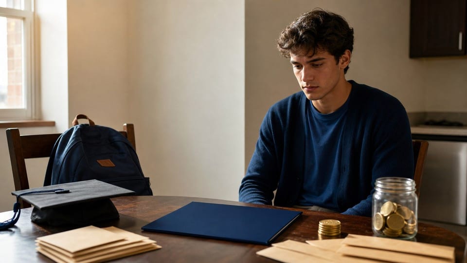 An American college student plans student loan costs at a kitchen table with blank envelopes, a graduation cap, and coin jars.