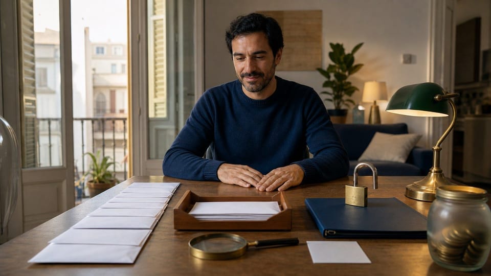 Persona en una mesa de comedor ordenando sobres de deuda en blanco, una carpeta azul de registro y un candado abierto.