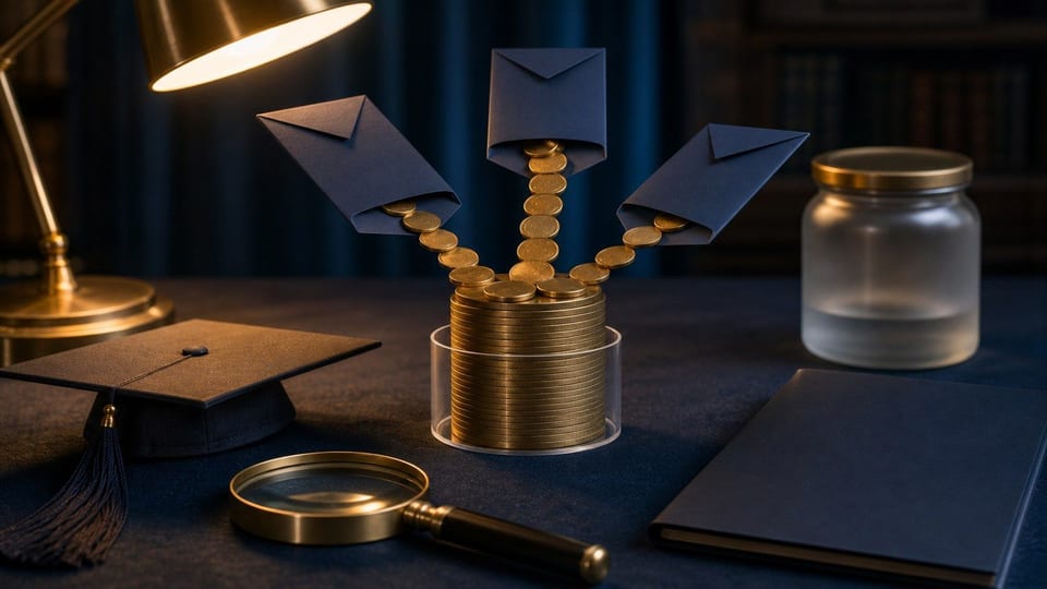 Small interest-disc streams flow from blank deferment envelopes into a larger loan principal stack on a navy banker desk.