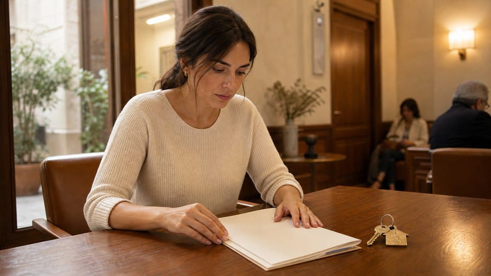 Mujer revisando una carpeta en una mesa de madera con unas llaves de vivienda a su lado.