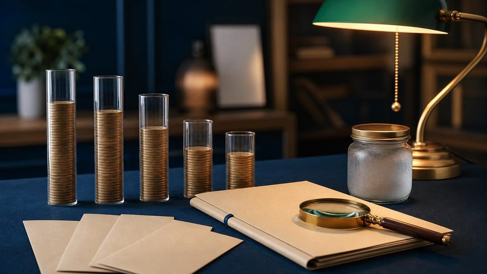 Unlabeled coin columns, credit-file folders, envelopes, and a magnifying glass sit on a navy finance desk.