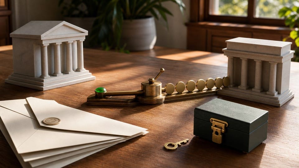 Dos maquetas de bancos conectadas por una ruta de transferencia junto a sobres, una llave y una caja de cuenta.