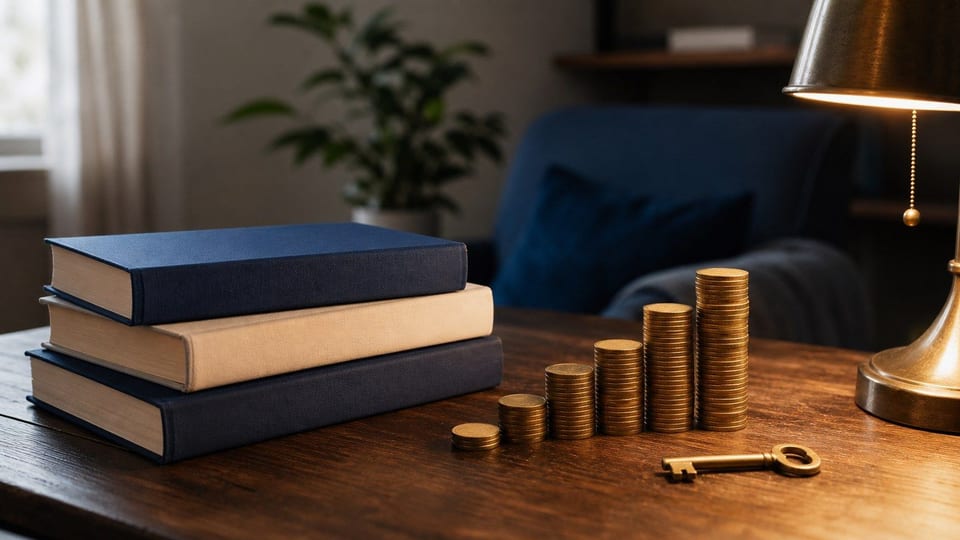 Trois livres vierges posés près d’un escalier de pièces et d’une clé sur une table de lecture.