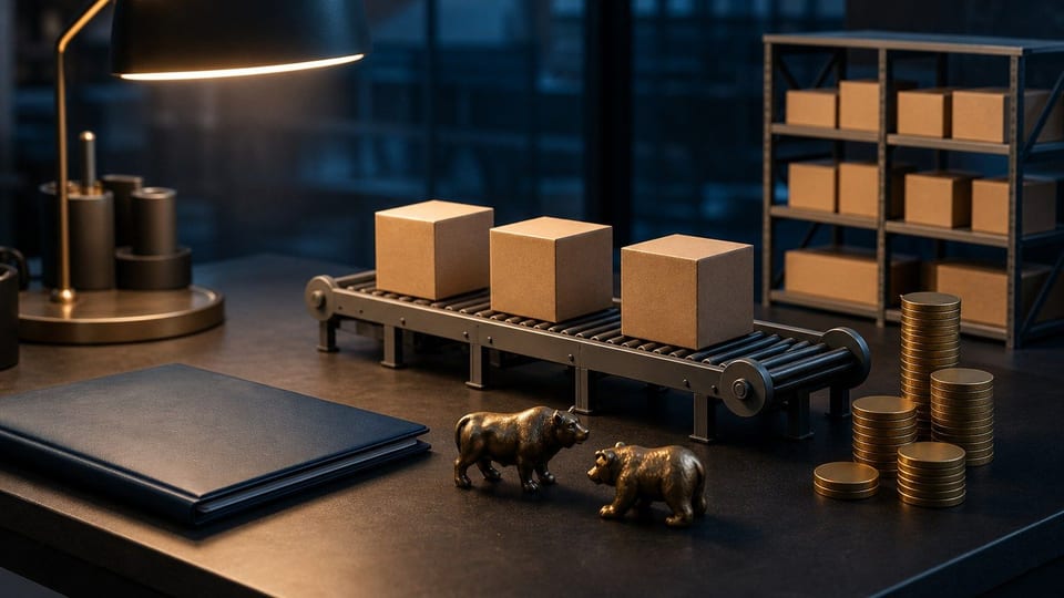 Een pakketensorteerbaan met lege dozen, muntenstapels, een portfoliomap en kleine beleggersfiguurtjes.