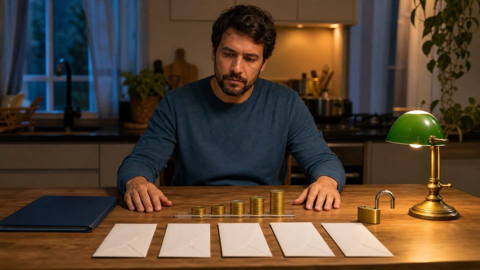 Persona organizando sobres de deuda y monedas en una mesa para representar una quita o negociación de deuda.