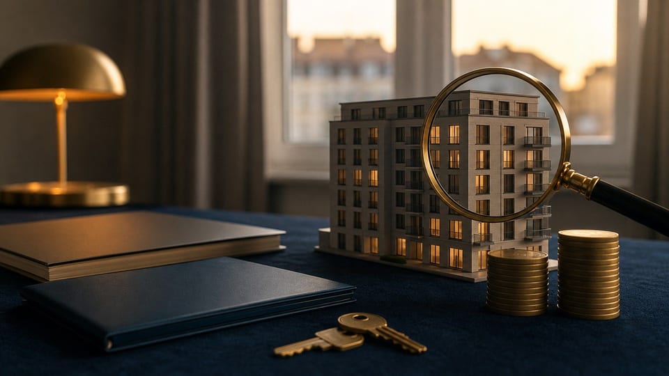 Model bytového domu s klíči, složkami a mincemi na stole znázorňuje investování do nemovitostí.
