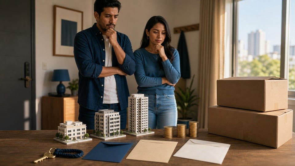 Pareja comparando ciudades para vivir con modelos urbanos, llave de casa, sobres de presupuesto y monedas sin marcas.