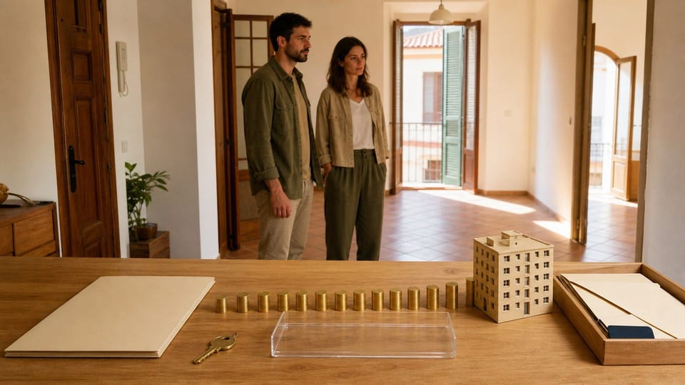 Una coppia osserva la prima casa accanto a un percorso che finanzia il prezzo, mentre le spese accessorie restano separate.