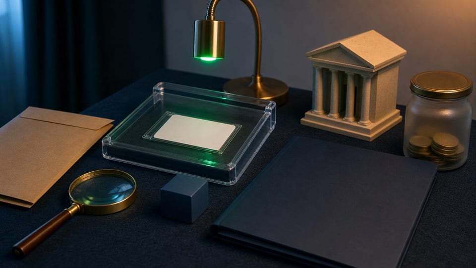 Tarjeta de identidad en una bandeja de verificación junto a documentos de préstamo y monedas.
