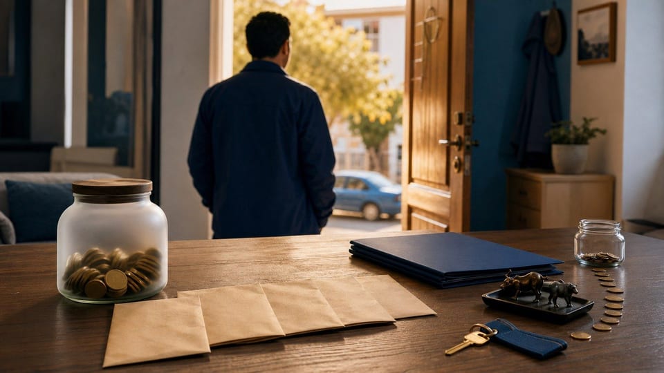 Persona frente a una puerta abierta con ahorro, inversiones y gastos pagados sobre una mesa.