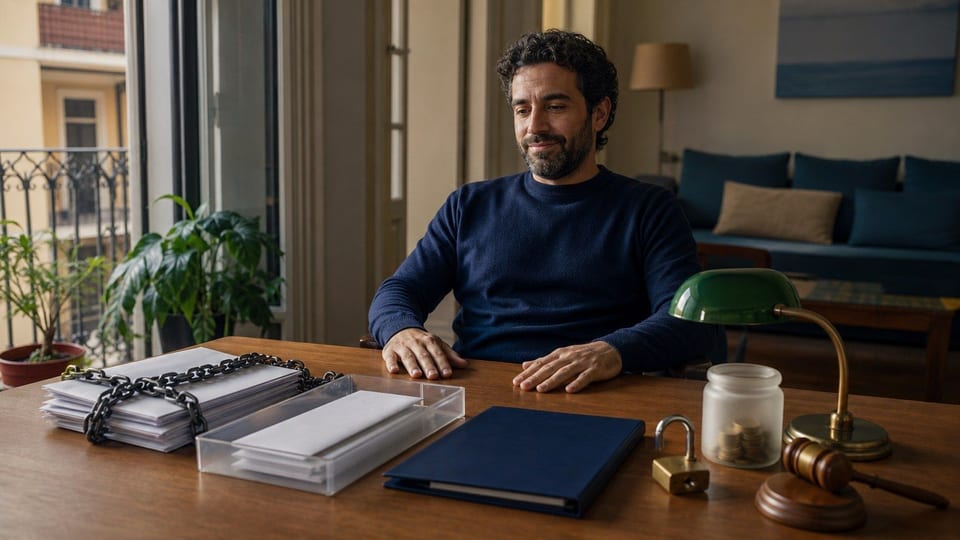 Persona revisando un plan legal de alivio de deuda con sobres, candado abierto, mazo y monedas.
