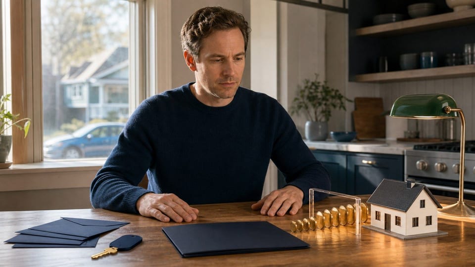 An American homebuyer reviews a mortgage approval setup with a house key, model home, blank credit folders, and coin stacks on a kitchen table.