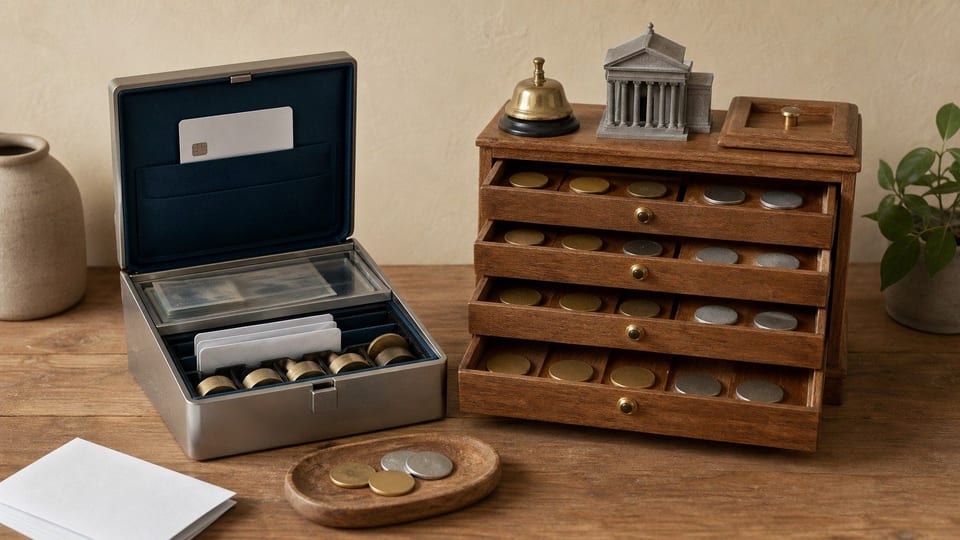 Ein schlankes Anlagepaket mit Karte und Cash-Fach steht einem breiten klassischen Broker-Organizer gegenüber.
