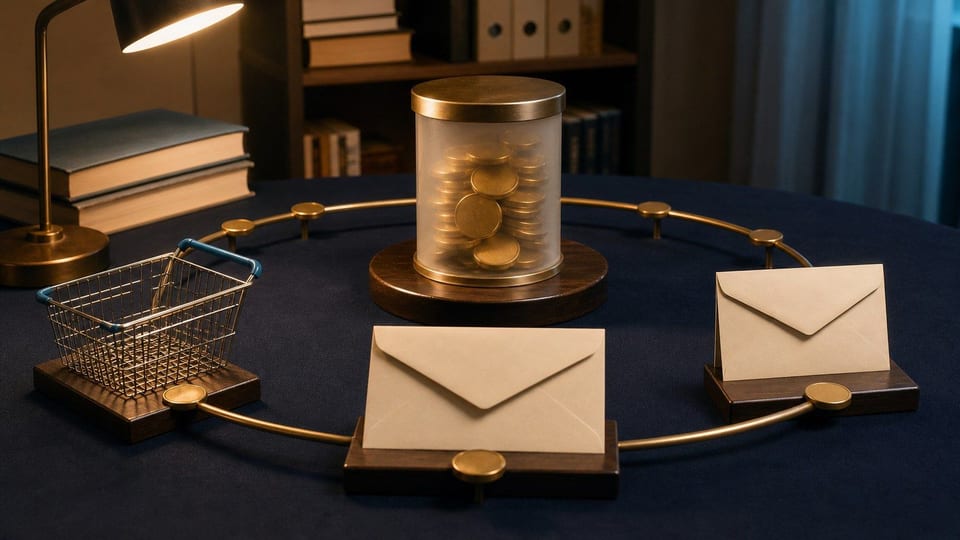 A circular money-supply desk shows blank coins moving between household transaction stations.