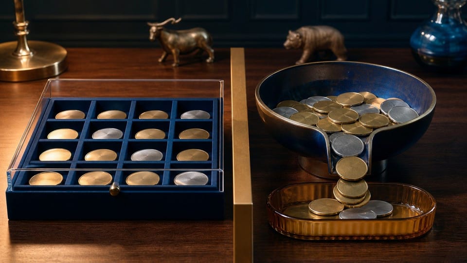 A split investing desk contrasts a protected compartmented ETF tray with a pooled fund bowl spilling coins into a tax tray.