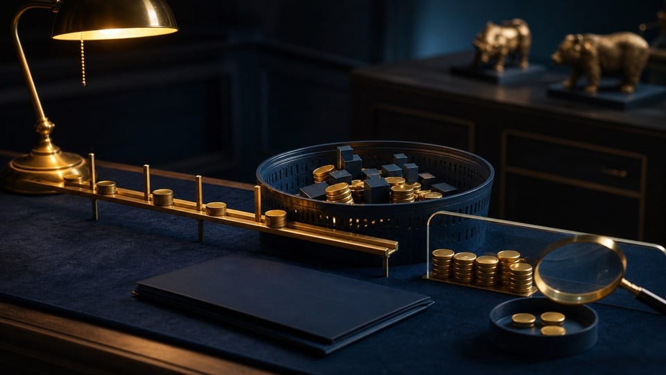A passive index fund basket receives blank investment discs while a small separated fee tray catches a few coins.