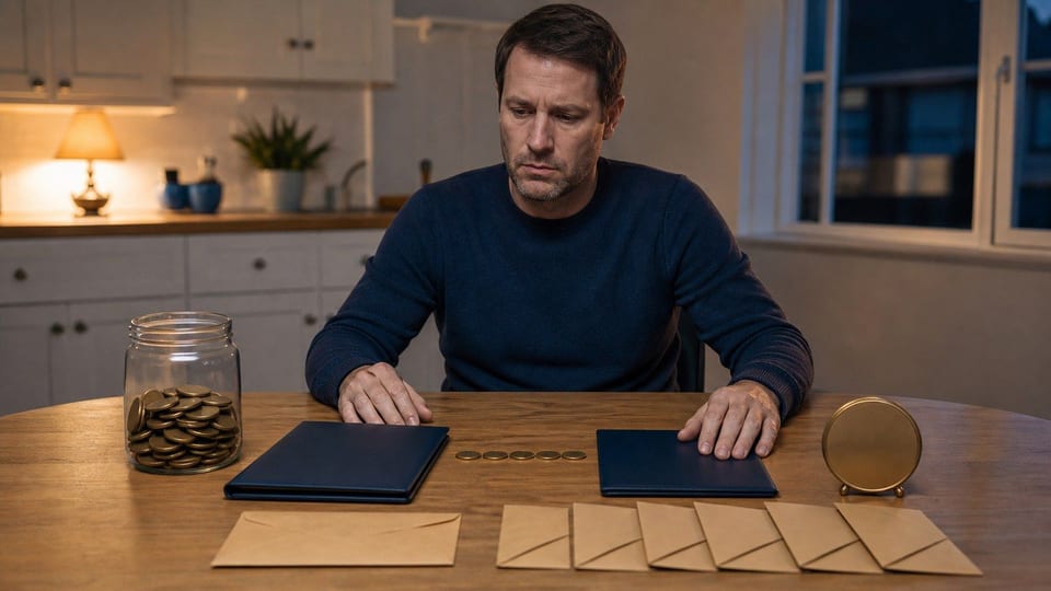 An American adult reviews a retirement savings jar, blank loan folder, and repayment envelopes at a kitchen table.