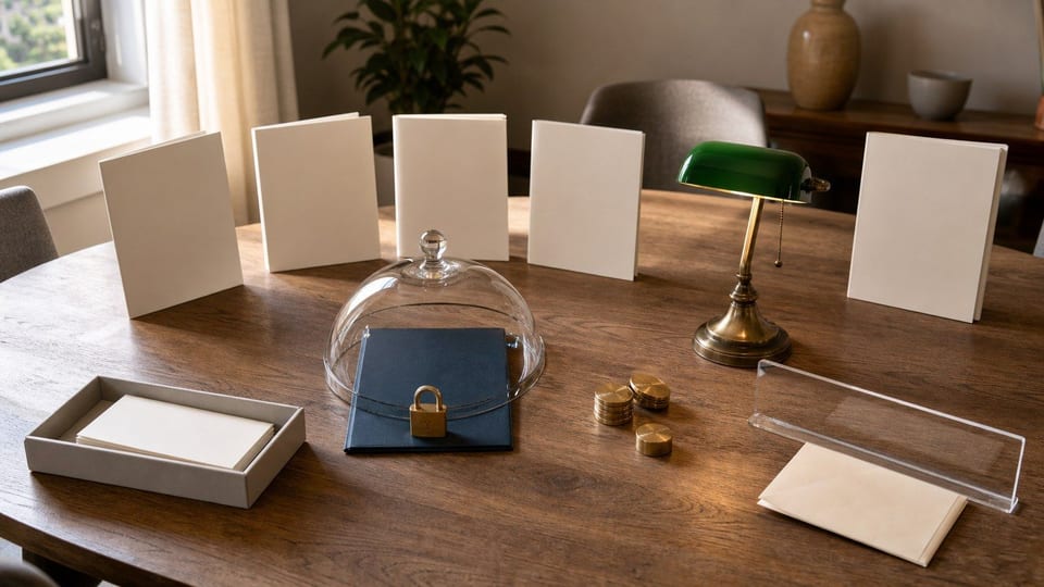 Carpetas de préstamos en blanco protegidas con candado sobre una mesa de madera para comparar prestamistas confiables.