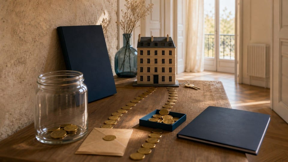 Table d'investissement immobilier avec maquette d'immeuble, clé, bocal d'épargne presque vide et chemins de financement.