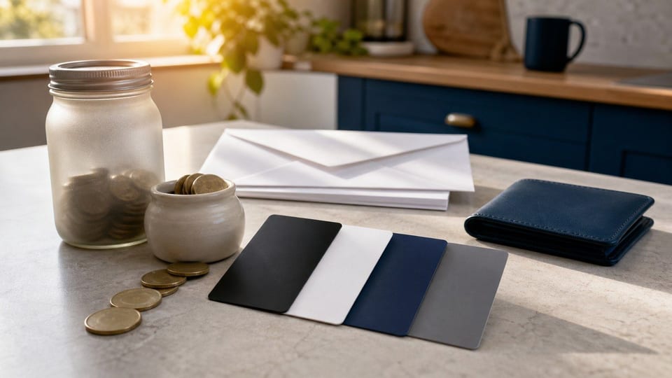 Mesa con tarjetas bancarias digitales en blanco, una cartera azul marino, sobres bancarios y frascos con monedas.