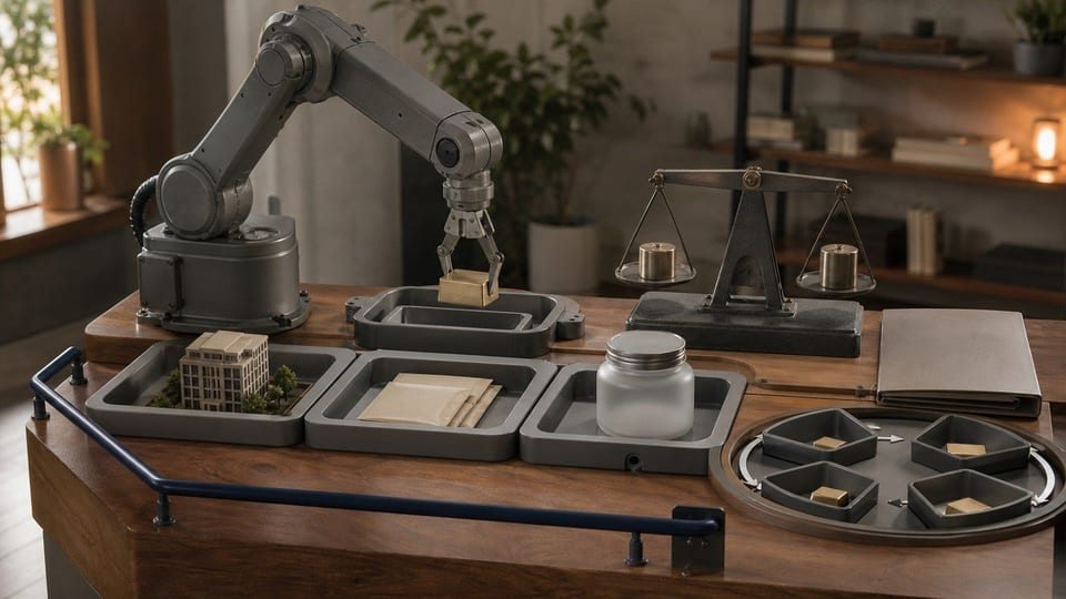 Braccio robotico che distribuisce investimenti tra più comparti di un portafoglio diversificato.