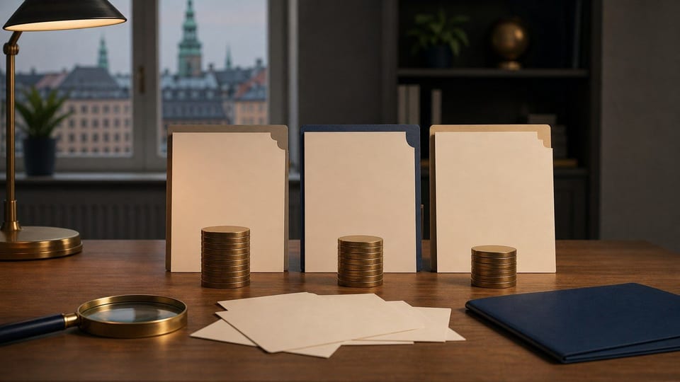 Un escritorio con carpetas de financieras en blanco, una lupa de laton y pilas de monedas sin marcas.
