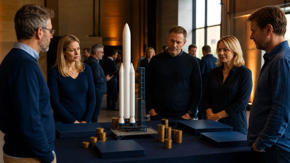 Pildil on investorite üritusel raketimudel, mündivirnad ja tühjad IPO tellimiskaustad.