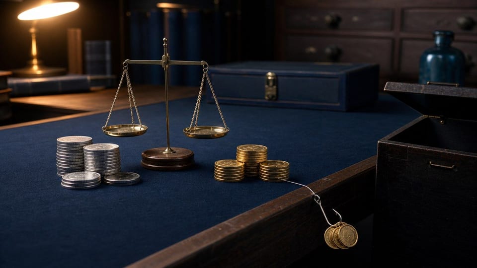 Mesa escura com balança, pilhas de moedas sem marcações e gancho puxando moedas para uma armadilha forex.