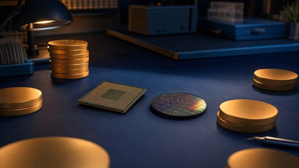 Křemíkový čip a lesklý wafer leží na tmavé podložce vedle investičních mincí.
