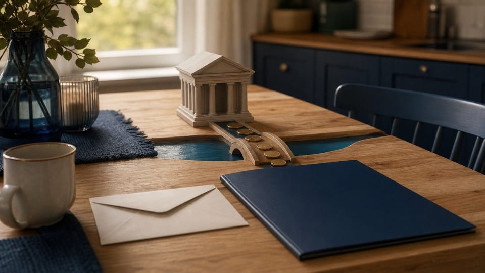 Et køkkenbord viser et grænseoverskridende lån med en bankmodel, en lånemappe og mønter over en lille bro.