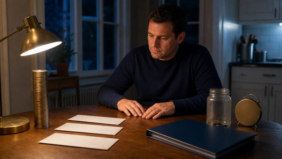 A borrower sits at a kitchen table with blank payday-loan envelopes, coin stacks, and an almost empty jar.