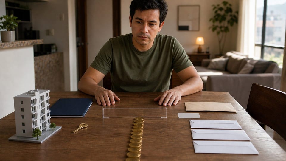 Persona revisando su preparación para un crédito Infonavit en una mesa con llaves, carpeta y sobres sin texto.