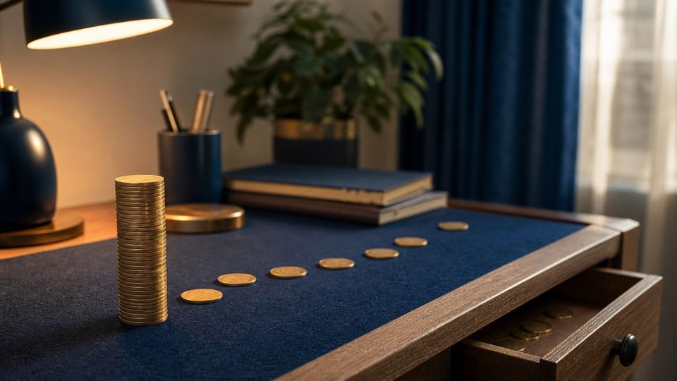 Stilleven van muntstapels op donkerblauw vilt waarbij losse munten langzaam in een open lade verdwijnen.