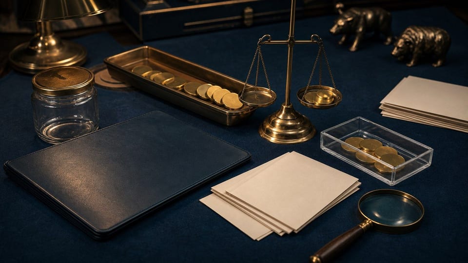 Des pièces issues d'un portefeuille d'investissement sont réparties vers un plateau fiscal sur un bureau de comptable.