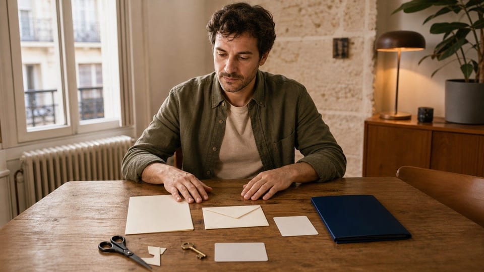 Personne préparant une lettre de clôture de compte bancaire avec enveloppe, carte bancaire et dossier bancaire vierges.