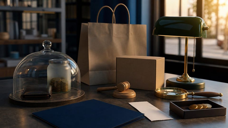 Mesa de protección al consumidor con bolsa de compra, producto, cartera y monedas protegidas.